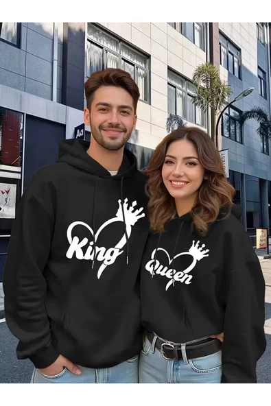 Sevgili Çift Kombin King And Queen Baskılı Özel Tasarım Kapüşonlu Sweatshirt 2li Set Takım ürün görseli 1