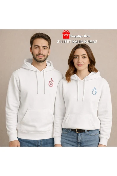 Sevgili Çift Kombin Ateş ve Su Baskılı Hoodie –Unisex Oversize Kapüşonlu Sweatshirt 2’li Set 3 İplik ürün görseli 1