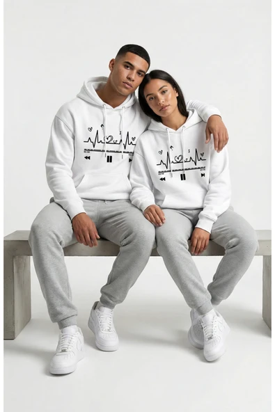 Nevermind Unisex Oversize Kalp Ritmi Baskılı Çift Hoodie ürün görseli 1