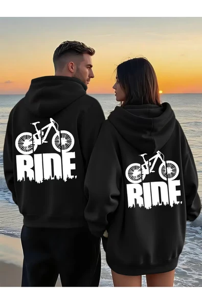 Sevgili Çift Kombin Hoodie 2'li Set Ride Baskılı Unisex Oversize 3 İplik Kapüşonlu ürün görseli 1