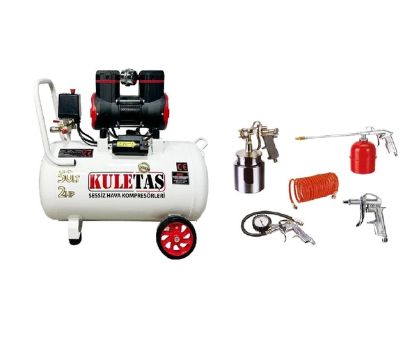 Kuletaş 50 Litre 2 HP Sessiz Premium Kafa Hava Kompresörü + 5li Havalı Alet Seti ürün görseli 1