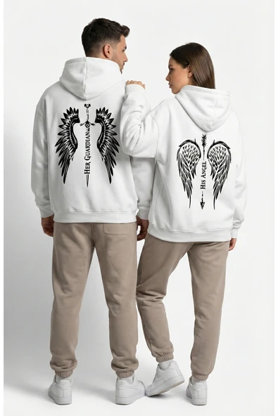 Unisex His Angel & Her Guardian Baskılı Sevgili Kombini Hoodie Seti ürün görseli 1