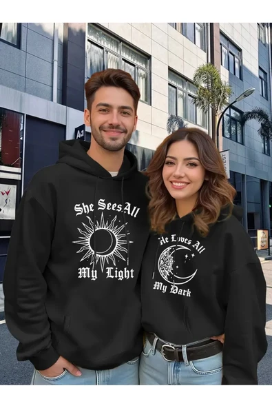 Sevgili Kombini Oversize Hoodie – Güneş ve Ay Baskılı 3 İplik Unisex Sweatshirt 2'li Set ürün görseli 1
