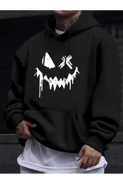 Unisex Oversize Gülümseyen Surat Baskılı Siyah Hoodie – Streetwear Tarz Kapüşonlu Sweatshirt ürün görseli 1