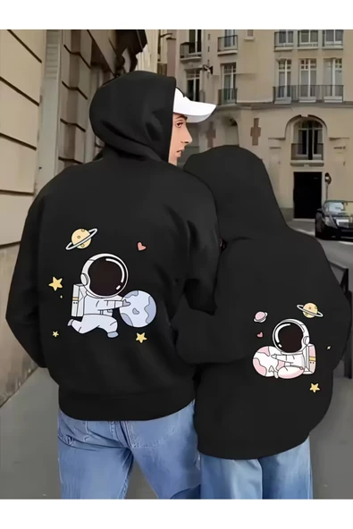 Sevgili Çift Kombini Astronot Temalı Siyah Hoodie Takımı – Pamuklu Oversize Sweatshirt 2'li Set ürün görseli 1