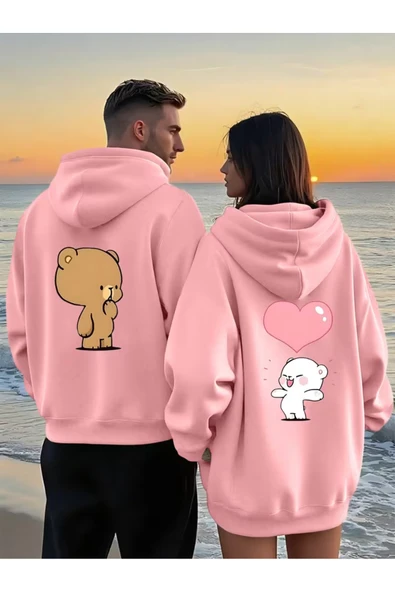Sevgili Kombin Hoodie – Ayıcık Baskılı Kalpli Çift Sweatshirt Unisex Kapüşonlu Oversize ürün görseli 1