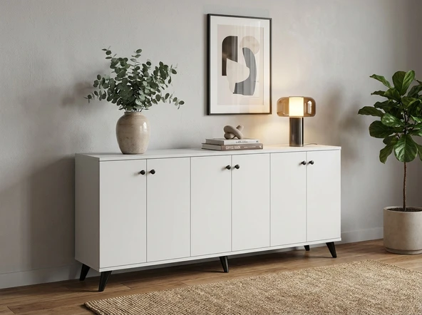 Simple Çok Amaçlı Konsol TV Sehpası 6 Raflı 6 Kapaklı 180x44x80 BEYAZ ürün görseli 1