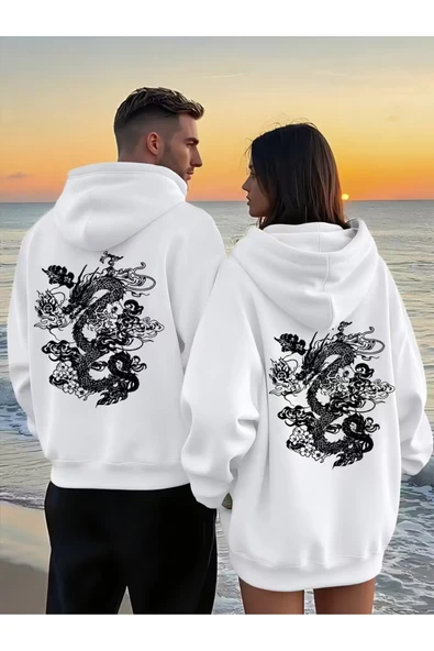 Sevgili Kombini Ejderha Sırt Desenli Kapşonlu Sweatshirt – Oversize 3 İplik Unisex Hoodie ürün görseli 1