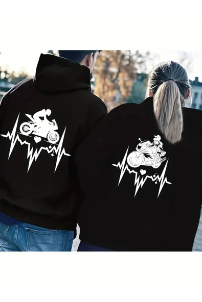 Sevgili Kombini Oversize Hoodie – Motosiklet Kalp Ritmi Baskılı 3 İplik Unisex Sweatshirt 2'li ürün görseli 1