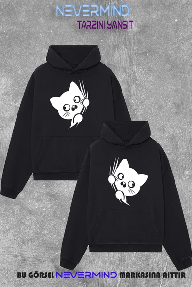 Çift Kombini Sweatshirt Seti – 3 İplik Oversize Kedi Desenli Hoodie Unisex ürün görseli 1