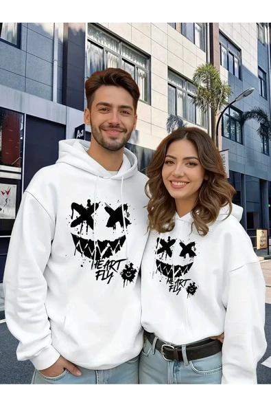 Sevgili Kombini Oversize Hoodie – Heart Fly Gülüş Baskılı 3 İplik Unisex Sweatshirt 2'li ürün görseli 1