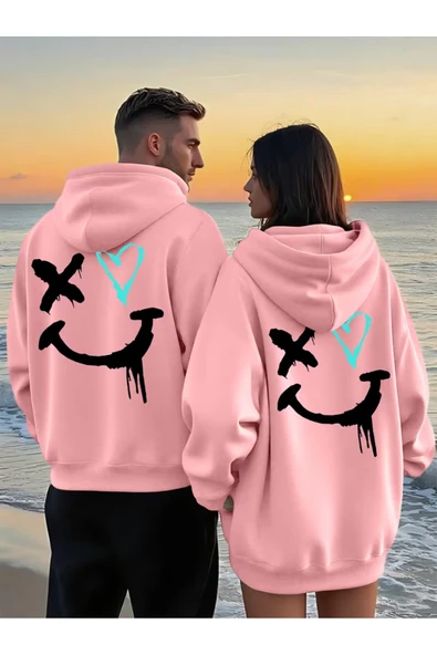 Sevgili Çift Kombin Hoodie–Yüz Kalp Baskılı Oversize Kapüşonlu Sweatshirt 2’li Set Unisex 3 İplik ürün görseli 1