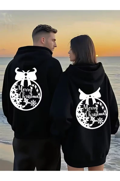 Yılbaşı Sevgili Kombini Hoodie Merry Christmas Baskılı Oversize Unisex Kapüşonlu Sweatshirt 2’li Set ürün görseli 1