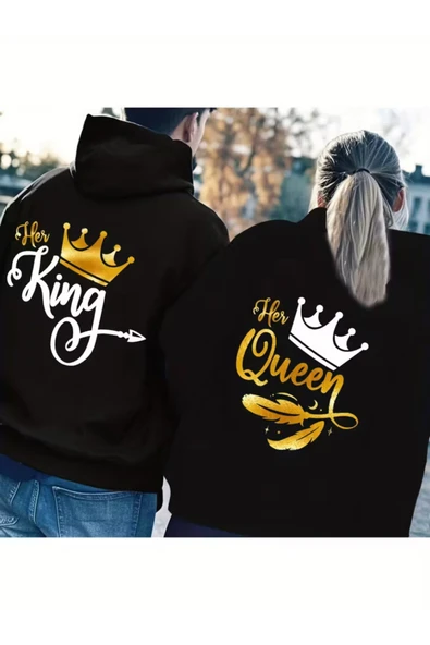 Nevermind Sevgili Çift Kombin King And Queen Baskılı Özel Tasarım Kapüşonlu Sweatshirt 2li Set Takım ürün görseli 1