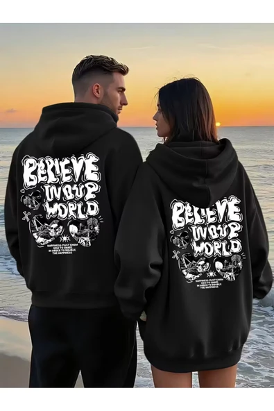 Believe In Your World Yazılı Sevgili Kombini Hoodie – Unisex Oversize Siyah Sweatshirt 2'li Set ürün görseli 1
