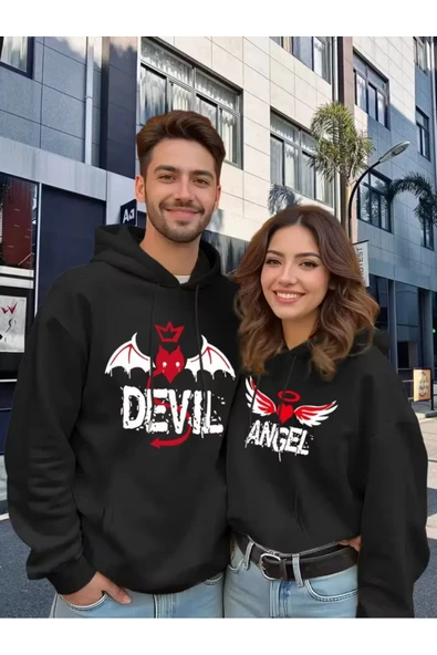 Sevgili Çift Kombin Devil & Angel Baskılı Renk Kapüşonlu Sweatshirt 2li Set Takım 3 İplik Pamuk ürün görseli 1