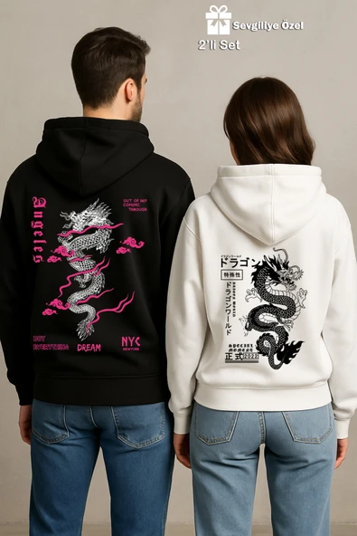Sevgili Çift Kombin Ejderha Baskılı Hoodie Unisex Oversize Kapüşonlu Sweatshirt 2’li Set 3 İplik ürün görseli 1