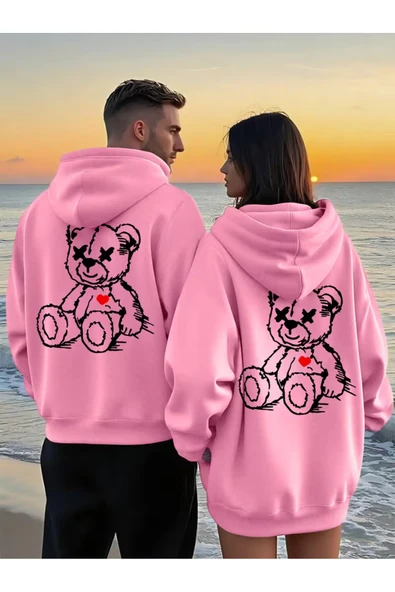 Sevgili Çift Kombin Ayıcık Baskılı Kapüşonlu Sweatshirt 2li Set Takım 3 İplik ürün görseli 1