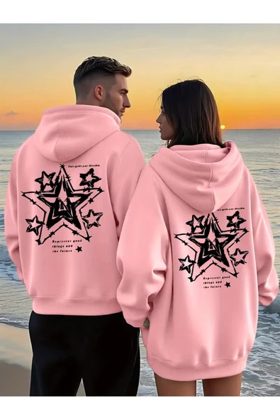 Yıldız Desenli Baskılı Hoodie – Trend Sevgili Kombini Oversize 3 İplik Sweatshirt 2'li Set ürün görseli 1