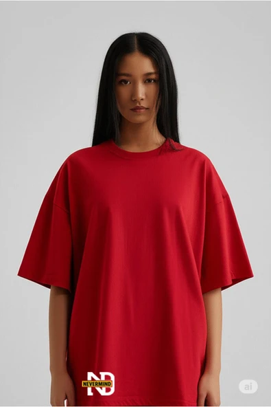 Oversize Tişört Kadın | Sol Alt "NEVERMIND" Baskılı Geniş Kalıp T-Shirt Unisex ürün görseli 1