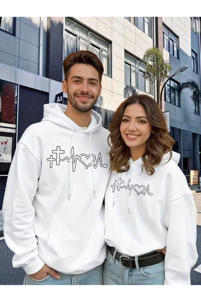 Heartbeat Baskılı Hoodie Sweatshirt – Kapüşonlu Unisex Çift Kombin Oversize 2'li Set ürün görseli 1