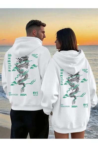 Sevgili Çift Kombin Ejderha Desenli Baskılı Renk Kapüşonlu Sweatshirt 2li Set Takım 3 İplik Pamuk ürün görseli 1