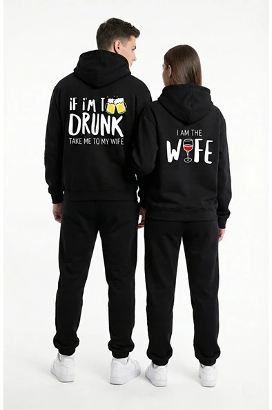 Unisex Çift Oversize Hoodie 2’li Set – Siyah Mizahi Yazı Baskılı Sevgili Kombini ürün görseli 1