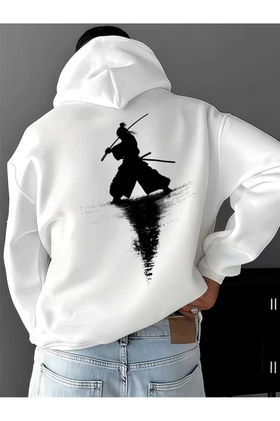 Unisex Beyaz Oversize Hoodie Savaşçı Silüet Baskılı ürün görseli 1