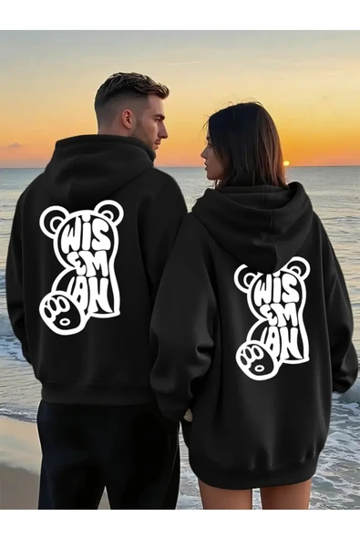 Wisem Bear Baskılı Hoodie – Trend Sevgili Kombini Oversize 3 İplik Sweatshirt 2'li Set ürün görseli 1