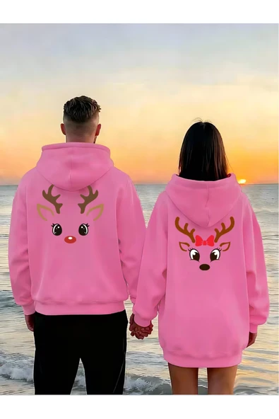 Sevgili Çift Kombin Hoodie Geyik Baskılı Oversize Kapüşonlu Sweatshirt 2’li Set Unisex 3 İplik ürün görseli 1