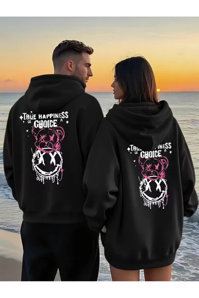 Sevgili Çift Kombini 2’li True Happiness Baskılı Unisex Sweatshirt – Renkli Street Tarz ürün görseli 1