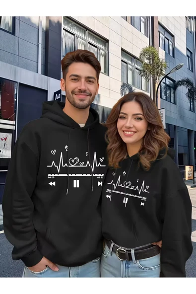 Sevgili Çift Kombini Kalp Nabız Müzik Baskılı Kapüşonlu Sweatshirt 2li Set Takım 3 İplik Pamuk ürün görseli 1