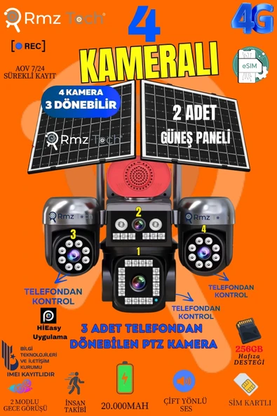 RMZ TECH 4 Kameralı 3 Motorlu + 1 Sabit 12MP E Sim 4G Sim Kartlı Ptz Kamera Gece Renkli Görüş ürün görseli 1