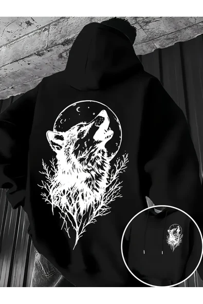 Unisex Oversize Kurt Baskılı Siyah Hoodie – Doğa ve Gece Temalı Streetwear Sweatshirt ürün görseli 1