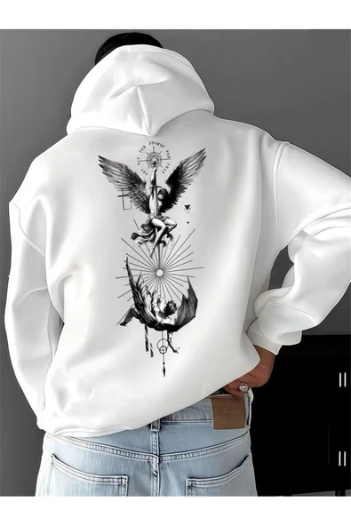 Unisex Beyaz Oversize Hoodie Kanatlı Figür Baskılı ürün görseli 1