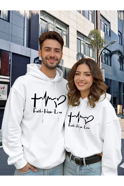 Faith Hope Love Baskılı Hoodie – Unisex Kapüşonlu Sweatshirt Çift Kombini 2'li Set Takım ürün görseli 1