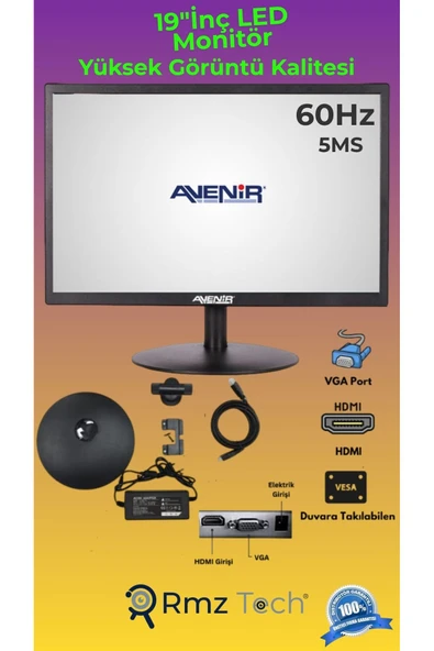 AVENİR M19C 19" LED Monitör, HDMI , VGA Uyumlu, 1920x1080P FHD 4K Destekli, 5ms ( PC, Kayıt Cihazlarına Uyumlu) ürün görseli 1