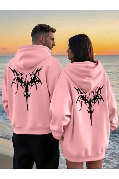 Sevgili Çift Kombin Trend Baskılı Kapüşonlu Sweatshirt 2li Set Takım 3 İplik ürün görseli 1