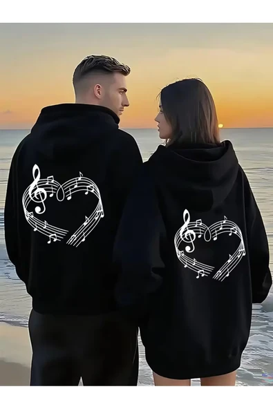 Sevgili Çift Kombin Hoodie Notalı Kalp Baskılı Oversize Kapüşonlu Sweatshirt 2’li Set Unisex 3 İplik ürün görseli 1