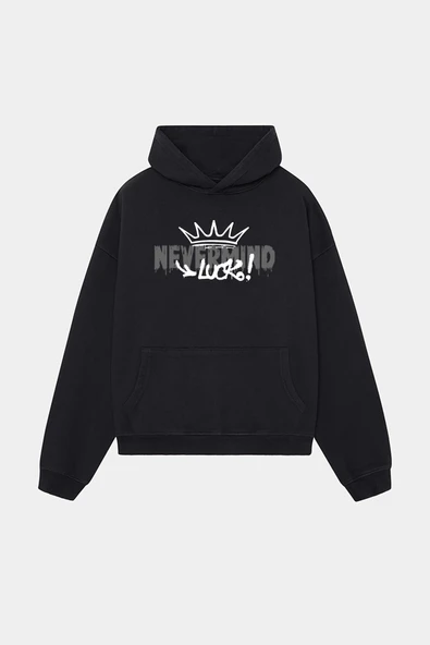 Unisex Beyaz Kapüşonlu Sweatshirt - Luck Baskılı Oversize Hoodie ürün görseli 1
