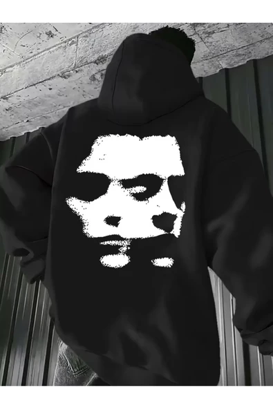 Unisex Oversize Hoodie Soyut Yüz Baskılı ürün görseli 1