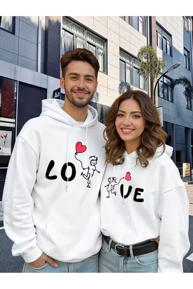 Sevgili Çift Kombini Love Baskılı Kapüşonlu Sweatshirt 2li Set Takım 3 İplik Pamuk ürün görseli 1