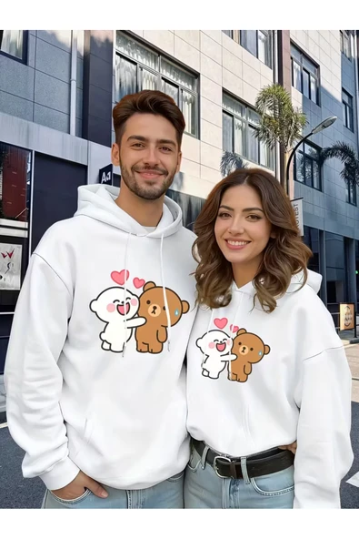 Sevgili Çift Kombini Sevimli Ayıcık Baskılı Kapüşonlu Sweatshirt 2li Set Takım 3 İplik Pamuk ürün görseli 1