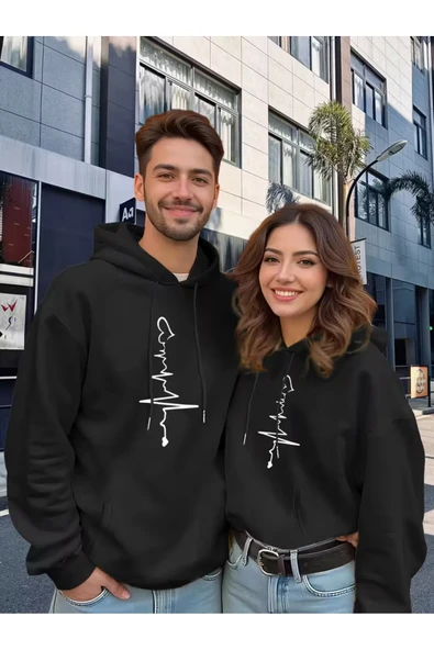 Sevgili Çift Kombini 2’li Kalp Atışı Desenli Unisex Sweatshirt – Minimal Aşk Tasarımı ürün görseli 1