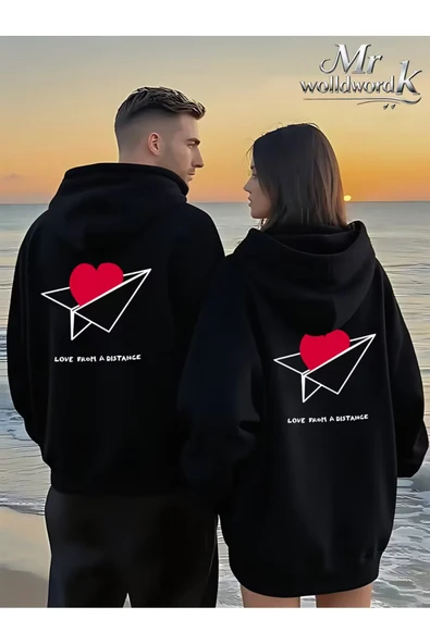 Love From A Distance Sevgili Kombini Hoodie – Unisex Oversize Kapüşonlu Sweatshirt 2’li Set ürün görseli 1