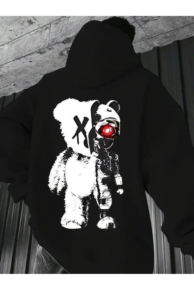 Unisex Oversize Panda ve Robot Baskılı Siyah Hoodie – Kırmızı Göz Detaylı Streetwear Sweatshirt ürün görseli 1