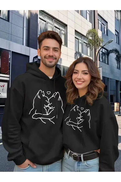 Sevgili Kombini Oversize Hoodie – Aşk Kedi Baskılı 3 İplik Unisex Sweatshirt 2'li Set ürün görseli 1