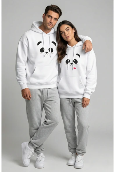 Nevermind Unisex Sevgili Çift Kombini Oversize Panda Baskılı Çift Hoodie ürün görseli 1