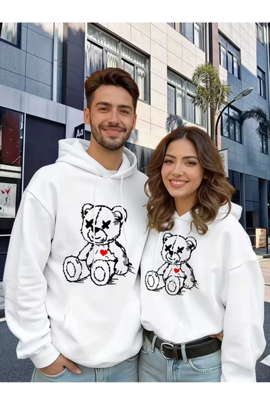Sevgili Çift Kombin Ayıcık Baskılı Kapüşonlu Sweatshirt 2li Set Takım 3 İplik ürün görseli 1