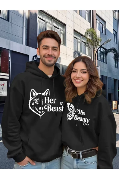 Sevgili Çift Kombin Hoodie Set His Beauty Her Beast Baskılı Unisex Oversize 3 İplik ürün görseli 1